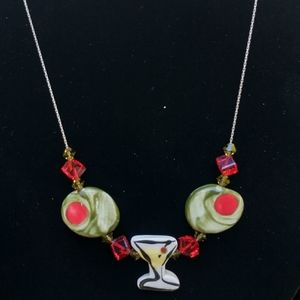 Sterling ceramic martini and olive necklace 925
